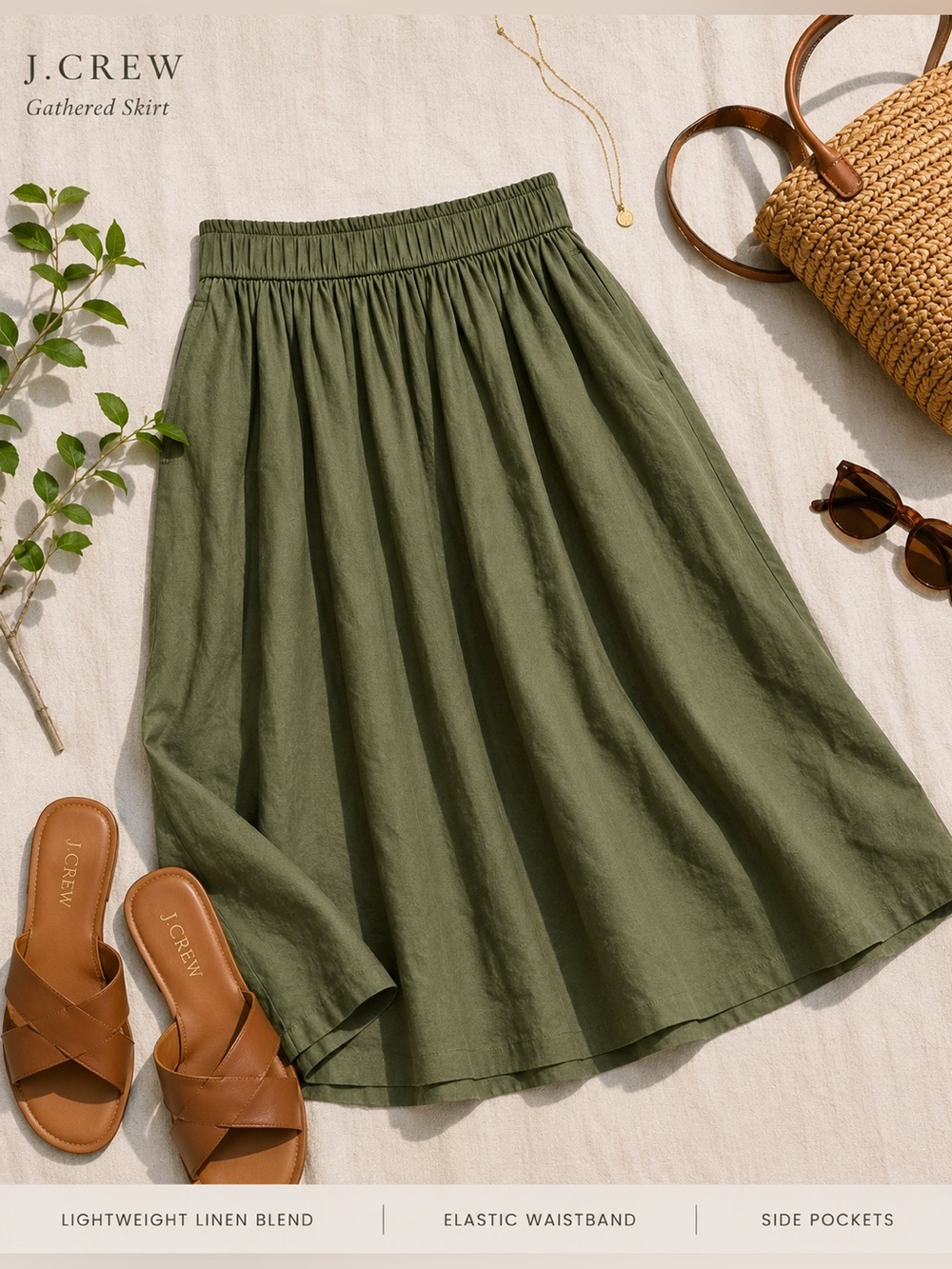 J.Crew Olive Green Gathered Cotton Skirt